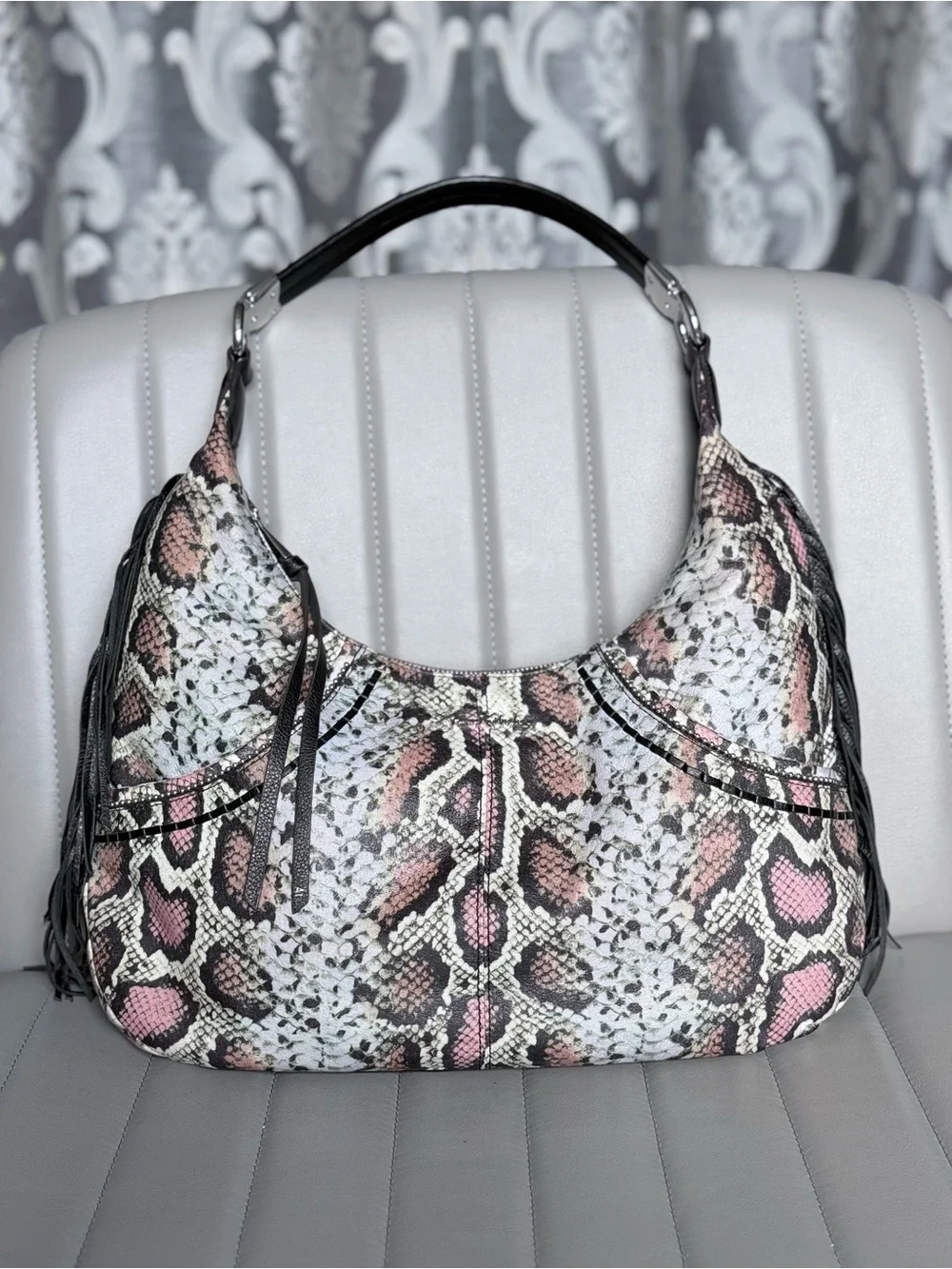 Aimee Kestenberg NWOT Fringe Hobo Snake-Print Western Chic Leather